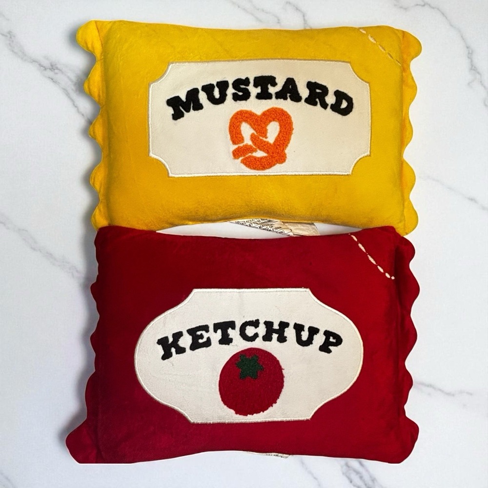Ketchup And Mustard Packets Pillow Set Fun Food Condiment Home Decor Soft Fuzzy
